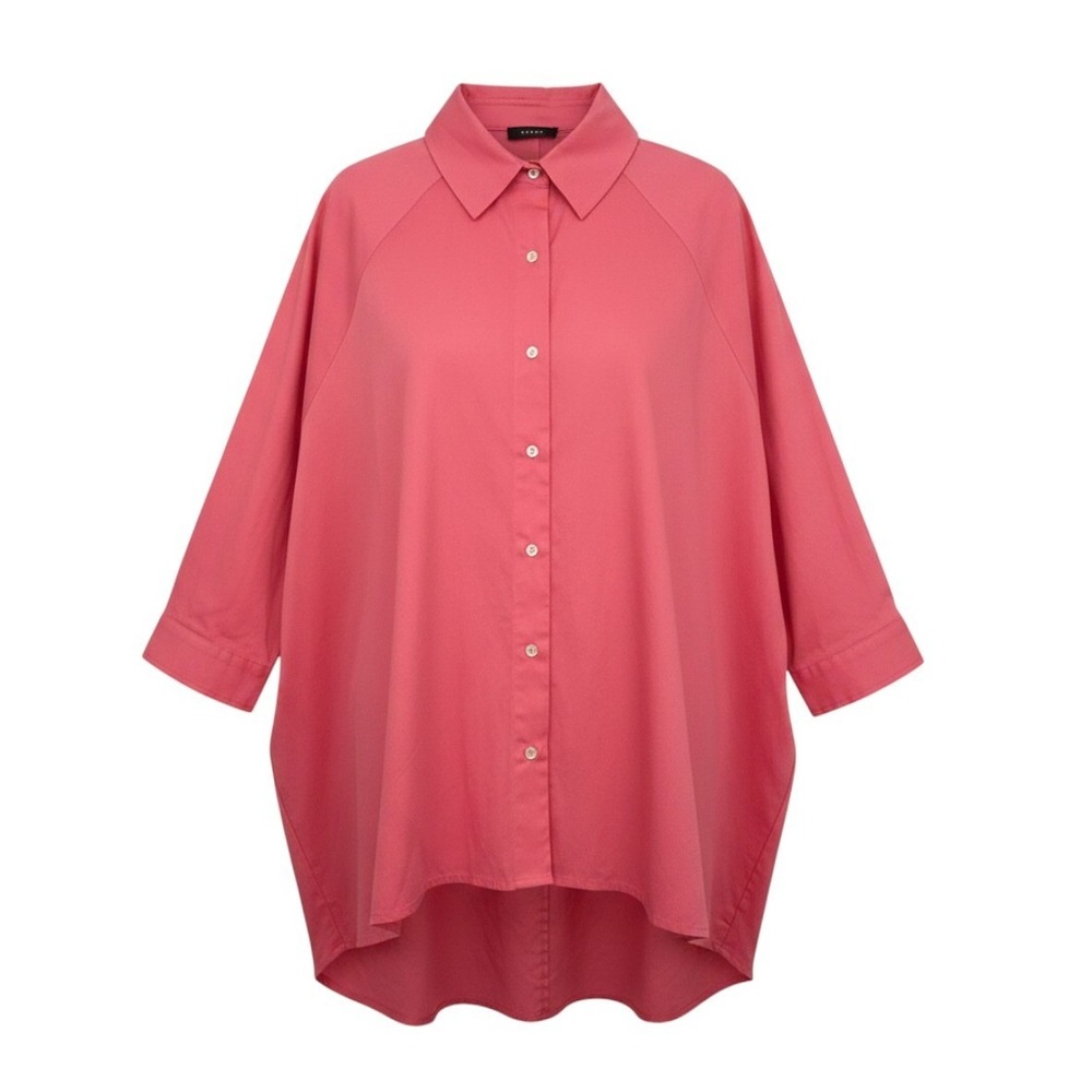 Natori Cotton Poplin Shirt Womens Large Pink Button Down High Low Oversized New